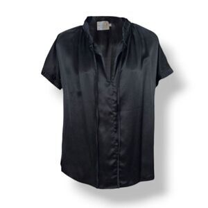NEW No. 6 Store Silk Pleated Ruffle Trim Tie Front V-neck Top in Black Size S